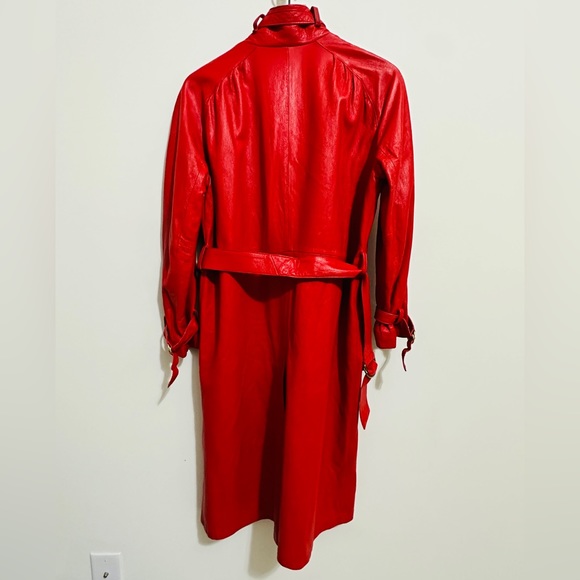 Vintage Red Genuine Leather Belted Trench Coat By Breier of Amsterdam Size 10 - Picture 5 of 16